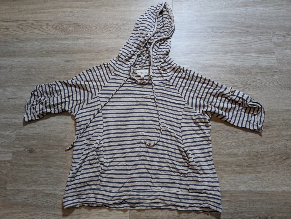 Monteau Womens Large Blue Ivory Striped Hooded Raglan Sleeve Hoodie Top Shirt